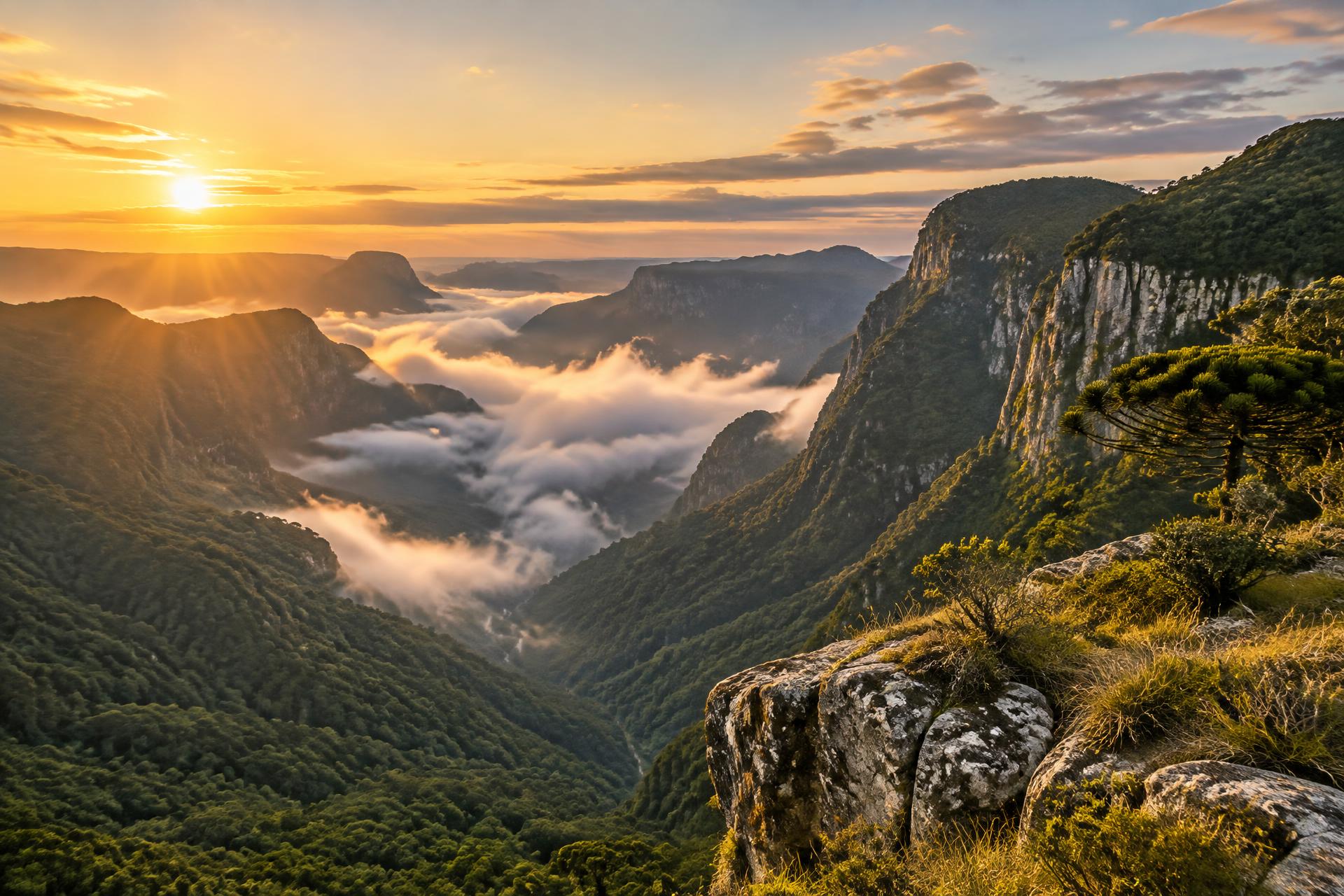 Montanhas e vales da Serra Catarinense ao nascer do sol